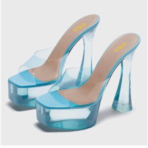 FSJ Blue Clear Slip On Platform Heeled Sandals Peep Open Toe Chunky Heels Mules